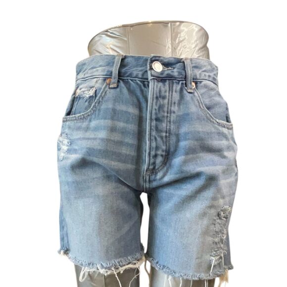 American Eagle Jean Shorts Junior 0  Blue High Rise Distressed Cotton (Sz0 W26) - Picture 1 of 14
